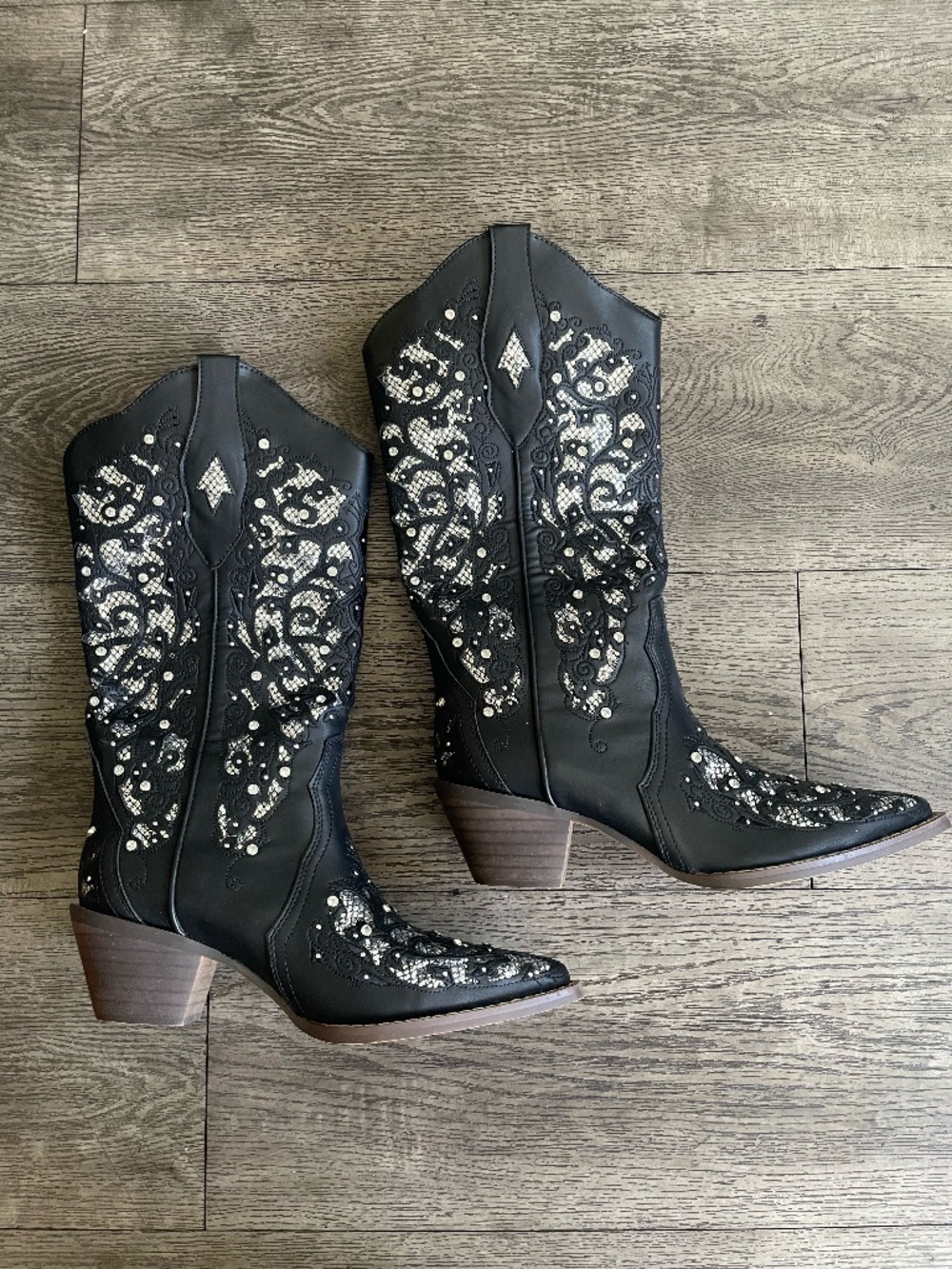 Women's Rhinestone Western Knee High Boots | 8, Black